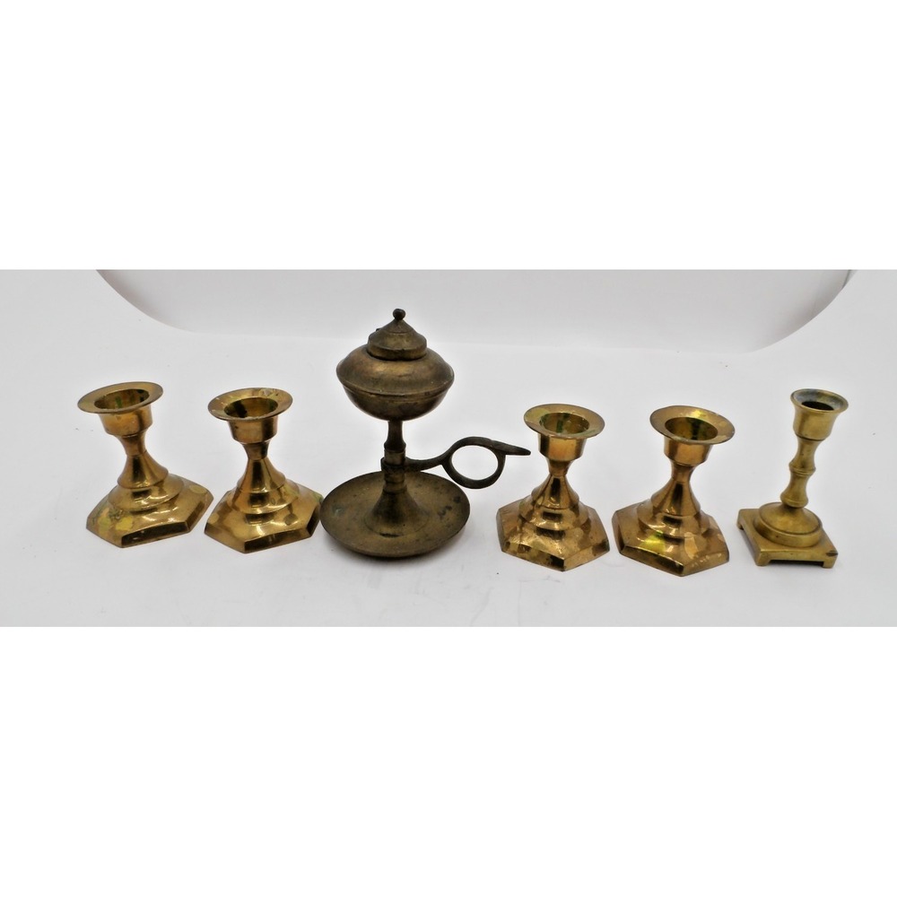 5 Small Brass Candle Holders and Brass Whale Oil Lamp - Picture 1 of 7